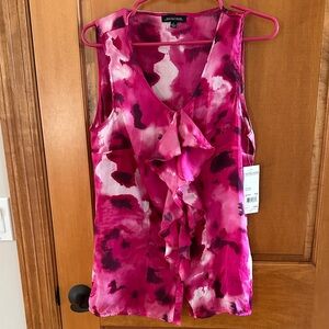 Notations Pink and Purple Ruffle Fitted Button Blouse Large